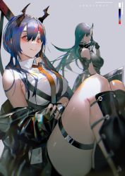 Rule 34 | 2girls, arknights, black jacket, blue hair, breasts, ch&#039;en (arknights), copyright name, grey hair, highres, horns, hoshiguma (arknights), jacket, large breasts, looking back, looking down, multiple girls, necktie, shiranori, single horn, thick thighs, thighs, yellow eyes, yellow neckwear