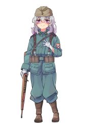 Rule 34 | 1girl, bandages, bolt action, closed mouth, company of heroes, full body, german army, gun, hair between eyes, hat, holding, holding gun, holding weapon, long hair, long sleeves, mauser 98, military, military hat, military uniform, original, osttruppen (company of heroes), purple eyes, purple hair, rifle, simple background, smile, solo, standing, transparent background, uniform, wavy hair, weapon, white background, world war ii, zhainan s-jun