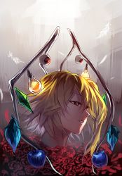Rule 34 | 1girl, apple, blonde hair, blurry, depth of field, disembodied head, eyeball, flandre scarlet, flower, food, fruit, head, head spider, highres, parody, parted lips, red eyes, rose, short hair, side ponytail, solo, the thing, the thing (creature), touhou, u u zan, wings