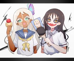 Rule 34 | 10s, 2girls, asobi asobase, blue sailor collar, brown eyes, brown hair, butterfly hair ornament, captain yue, closed mouth, collared shirt, green eyes, hagoita, hair between eyes, hair down, hair ornament, honda hanako, kendama, long hair, looking at viewer, lord of pastimers, makeup, multiple girls, necktie, paddle, parted lips, sailor collar, school uniform, shirt, short sleeves, sidelocks, simple background, twitter username, upper body, very long hair, watermark, wavy hair, white background, white hair, white shirt