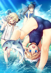 Rule 34 | 3girls, :o, ^ ^, alternate costume, alternate hairstyle, armpits, ass, bare arms, bare legs, bare shoulders, barefoot, bent over, black hair, black ribbon, blonde hair, blue bow, blue eyes, blue one-piece swimsuit, blue sky, blush, bow, breasts, cameltoe, chima q, clenched hands, closed eyes, cloud, commentary request, competition swimsuit, covered navel, day, drill hair, facing viewer, fairy wings, fang, feet, fish, hair between eyes, hair bow, hair ribbon, hands up, head tilt, headdress, highres, lace trim, light rays, long hair, looking through own legs, luna child, multiple girls, one-piece swimsuit, open mouth, orange eyes, orange hair, outdoors, ponytail, reaching, reaching towards viewer, ribbon, short hair, sky, small breasts, smile, soles, splashing, standing, standing on one leg, star sapphire, sunny milk, swimsuit, thighs, touhou, two side up, wading, water, white one-piece swimsuit, wings