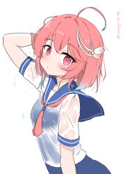 Rule 34 | 1girl, absurdres, ahoge, blue one-piece swimsuit, blue sailor collar, commentary request, hair ornament, highres, i-58 (kancolle), imonegi oekaki, kantai collection, light brown hair, neckerchief, one-piece swimsuit, pink eyes, pink hair, pink neckerchief, sailor collar, sailor shirt, school swimsuit, school uniform, see-through, serafuku, shirt, short hair, simple background, solo, swimsuit, swimsuit under clothes, white background