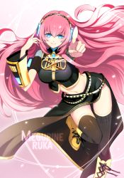 Rule 34 | 1girl, bad id, bad pixiv id, blue eyes, boots, character name, detached sleeves, eeru, female focus, headset, jandy, knee boots, long hair, long skirt, looking at viewer, lying, megurine luka, navel, pink hair, pointing, pointing at viewer, shadow, side slit, skirt, smile, solo, thigh boots, thighhighs, thighs, very long hair, vocaloid