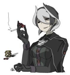 Rule 34 | 1girl, bad id, bad twitter id, black cape, black eyes, black gloves, black hair, black jacket, cape, cigarette, dice, gloves, hair between eyes, highres, holding, holding cigarette, jacket, jitome, long sleeves, looking at viewer, made in abyss, multicolored hair, ozen, parted lips, poker chip, servomotorr, shaded face, short hair, simple background, smirk, smoke, solo, two-tone hair, upper body, whistle, white background, white hair