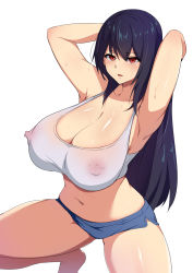 Rule 34 | 1girl, armpits, arms behind back, arms up, bare legs, barefoot, black hair, blue shorts, blush, bra, breasts, chinese commentary, cleavage, covered erect nipples, foot out of frame, hair between eyes, highres, huge breasts, long hair, looking at viewer, navel, nipples, no bra, open mouth, original, red eyes, see-through, short shorts, shorts, simple background, smile, solo, sports bra, spread legs, squatting, stomach, straight hair, sweat, thighs, tiptoes, underwear, white background, white bra, xllam