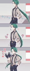 Rule 34 | 1girl, 3koma, afterimage, black gloves, black necktie, black pants, closed eyes, closed mouth, collared shirt, comic, commentary request, cowboy shot, creatures (company), game freak, gloves, green hair, grey shirt, hand in pocket, heart, highres, long hair, miri (cherryjelly), motion lines, necktie, nintendo, notice lines, pants, parted lips, pokemon, pokemon sv, ponytail, red eyes, rika (pokemon), shirt, sleeves rolled up, smile, suspenders, waving