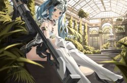 Rule 34 | 1girl, absurdres, black choker, black gloves, blue eyes, blue hair, blush, breasts, choker, elbow gloves, girls&#039; frontline, girls&#039; frontline neural cloud, gloves, gun, highres, knee pads, long hair, looking at viewer, armored boots, open mouth, plant, rui (rei leyi), scenery, sitting, small breasts, smile, solo, teeth, thighs, twintails, two-tone dress, upper teeth only, weapon, weapon request, white footwear, wisdom (neural cloud)