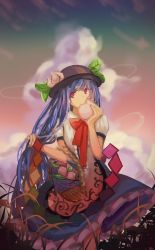 Rule 34 | 1girl, absurdres, basket, black hat, blue hair, blue skirt, food, food-themed hat ornament, frilled skirt, frills, fruit, fruit hat ornament, hat, hat ornament, highres, hinanawi tenshi, holding, holding food, holding fruit, long hair, peach, red eyes, shirt, short sleeves, skirt, sly930105, solo, touhou, white shirt