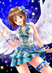 Rule 34 | 10s, 1girl, :d, angel wings, belt, bob cut, brown eyes, brown hair, choker, contrapposto, cowboy shot, hagiwara yukiho, hair ornament, idolmaster, idolmaster (classic), idolmaster one for all, jewelry, light particles, necklace, open mouth, plaid, plaid skirt, ponnetsu, short hair, skirt, sleeveless, smile, solo, standing, thigh strap, wings, wrist cuffs