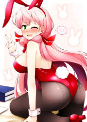 Rule 34 | 1girl, ;d, akashi (kancolle), alternate costume, animal ears, ass, back-seamed legwear, black pantyhose, blush, book, book stack, breasts, embarrassed, fake animal ears, fake tail, from side, green eyes, hair ribbon, hairband, high heels, kantai collection, lace, large breasts, leaning forward, leg up, leotard, long hair, looking at viewer, looking to the side, nose blush, one eye closed, open mouth, pantyhose, pink background, pink hair, playboy bunny, rabbit background, rabbit ears, rabbit tail, raised eyebrows, red leotard, red ribbon, ribbon, rui shi (rayze ray), seamed legwear, shiny clothes, shoes, sideboob, smile, solo, speech bubble, spoken blush, standing, standing on one leg, tail, tress ribbon, v, very long hair, wrist cuffs