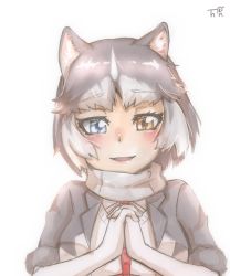 Rule 34 | 1girl, animal ear fluff, animal ears, backlighting, blue eyes, commentary request, dog (mixed breed) (kemono friends), dog ears, elbow gloves, fur-trimmed sleeves, fur trim, gloves, grey hair, heterochromia, highres, kemono friends, looking at viewer, multicolored hair, own hands clasped, own hands together, parted lips, short hair, short sleeves, signature, simple background, smile, solo, thin (suzuneya), two-tone hair, upper body, white background, white gloves, white hair, yellow eyes