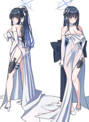 Rule 34 | 1girl, alternate hairstyle, bare shoulders, black bow, black hair, blue archive, blue eyes, blue hair, blue halo, bow, dress, dress bow, elbow gloves, full body, garter straps, gloves, halo, high heels, highres, hirorinwelcome, holster, knife sheath, looking at viewer, official alternate costume, ponytail, saori (blue archive), saori (dress) (blue archive), sheath, side slit, simple background, solo, standing, strapless, strapless dress, thigh holster, white background, white dress, white footwear, white garter straps, white gloves