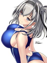 Rule 34 | 1girl, ass, back, blue one-piece swimsuit, blush, breasts, commentary request, competition swimsuit, cowboy shot, dated, dated commentary, grey eyes, grey hair, hachimaki, hair between eyes, headband, highres, kantai collection, large breasts, long hair, looking at viewer, looking back, montemasa, one-piece swimsuit, one side up, simple background, solo, suzutsuki (kancolle), swimsuit, twitter username, two-tone swimsuit, white background
