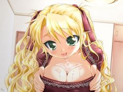 Rule 34 | between breasts, blonde hair, breasts, character request, green eyes, huge breasts, sasahiro, source request, wet