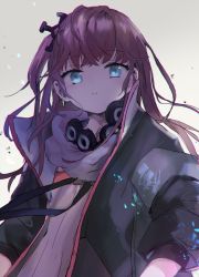 Rule 34 | 1girl, black jacket, blue eyes, blush, brown hair, chromatic aberration, closed mouth, commentary, girls&#039; frontline, grey background, hair ornament, head tilt, highres, jacket, light frown, long hair, long sleeves, looking at viewer, one side up, open clothes, open jacket, puffy long sleeves, puffy sleeves, sha2mo, shirt, solo, st ar-15 (girls&#039; frontline), upper body, white shirt