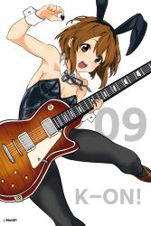 Rule 34 | 1girl, 2009, absurdres, aiuti, alternate costume, animal ears, black leotard, black pantyhose, blue ribbon, breasts, brown eyes, brown hair, copyright name, detached collar, hair between eyes, hair ornament, hairclip, highres, hirasawa yui, k-on!, leotard, neck ribbon, pantyhose, playboy bunny, plectrum, rabbit ears, ribbon, short hair, simple background, small breasts, solo, strapless, strapless leotard, twitter username, upper body, white background, wrist cuffs