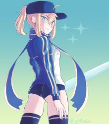 Rule 34 | 1girl, artist name, artoria pendragon (fate), ass, bad id, bad pixiv id, baseball cap, blonde hair, blue eyes, blush, buruma, fate/grand order, fate (series), hair between eyes, hat, henemimi, highres, jacket, looking at viewer, mysterious heroine x (fate), ponytail, scarf, skindentation, smile, solo, thighhighs, thighs, twitter username, underwear