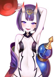 Rule 34 | 1girl, alcohol, arm up, armpits, atg (wttoo0202), breasts, bright pupils, fate/grand order, fate (series), highres, horns, looking at viewer, navel, oni, open mouth, purple eyes, purple hair, sakazuki, sake, short hair, shuten douji (fate), simple background, small breasts, smile, solo, tongue, tongue out, white background