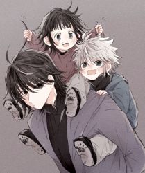 Rule 34 | 1other, 2boys, :d, aged down, alluka zoldyck, black footwear, blunt bangs, blush, brothers, carrying, child, fang, grey background, grey hair, grey pants, hair over eyes, hand on another&#039;s shoulder, highres, holding another&#039;s hair, hood, hood down, hunter x hunter, illumi zoldyck, jacket, killua zoldyck, long sleeves, looking at viewer, looking away, looking down, looking up, male focus, multiple boys, necomu, open mouth, outstretched arms, pants, paw print, piggyback, shoe soles, shoulder carry, siblings, simple background, skin fang, smile, turtleneck