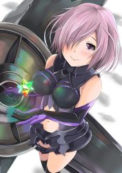Rule 34 | 1girl, bare shoulders, black thighhighs, blush, breasts, commentary request, elbow gloves, eyebrows, fate/grand order, fate (series), gloves, hair over one eye, highres, holding, kanzaki kureha, looking at viewer, mash kyrielight, medium breasts, navel, one eye covered, purple eyes, purple gloves, purple hair, revealing clothes, saint quartz (fate), shield, short hair, smile, solo, thighhighs