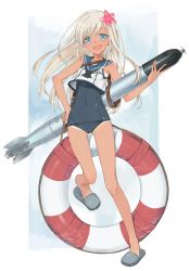 Rule 34 | 10s, 1girl, :d, blue eyes, breasts, flower, hair flower, hair ornament, hayashi kewi, innertube, kantai collection, long hair, looking back, one-piece swimsuit, open mouth, ro-500 (kancolle), school swimsuit, school uniform, serafuku, silver hair, slippers, small breasts, smile, solo, standing, standing on one leg, swim ring, swimsuit, swimsuit under clothes, tan, tanline, torpedo