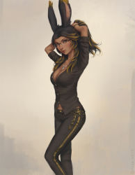 Rule 34 | 1girl, animal ears, warrior of light (ff14), breasts, casual, cleavage, closed mouth, commentary, dark-skinned female, dark skin, final fantasy, final fantasy xiv, glasses, highres, long hair, looking at viewer, miura-n315, rabbit ears, simple background, solo, viera