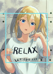 Rule 34 | 1girl, absurdres, aikawa lotus, blonde hair, blue border, blue eyes, blue nails, border, breasts, commentary, commentary request, framed, grey background, hair between eyes, hair ornament, hair scrunchie, hayasaka ai, highres, kaguya-sama wa kokurasetai ~tensai-tachi no renai zunousen~, looking at viewer, medium breasts, nail polish, open mouth, partial commentary, scrunchie, shadow, shirt, short sleeves, side ponytail, simple background, solo, two-tone background, white shirt, yellow background