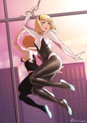 Rule 34 | 1girl, animification, artist name, blonde hair, blue eyes, bodysuit, building, city, commentary, covered navel, english commentary, evening, finalcake, gwen stacy, hairband, highres, hood, hooded bodysuit, marvel, open mouth, reflection, revision, short hair, silk, smile, solo, spider-gwen, spider-man (series), spider web, spider web print, sunlight, sunset, superhero costume, window