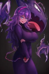 Rule 34 | 1girl, @ @, absurdres, ahoge, alternate breast size, arm under breasts, black background, breasts, creatures (company), dress, game freak, gen 1 pokemon, hair between eyes, hairband, haunter, hex maniac (pokemon), highres, holding, holding poke ball, keira nier, large breasts, long dress, long hair, looking at viewer, messy hair, nintendo, open mouth, poke ball, poke ball (basic), pokemon, pokemon (creature), pokemon xy, purple dress, purple eyes, purple hair, purple hairband, turtleneck, turtleneck dress, very long hair