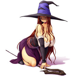 Rule 34 | 1girl, absurdres, bare shoulders, breasts, brown eyes, brown hair, cleavage, collarbone, dragon&#039;s crown, hat, highres, huge breasts, kneeling, long hair, looking at viewer, matching hair/eyes, naughty face, red eyes, red hair, simple background, smile, solo, sorceress (dragon&#039;s crown), thick thighs, thighs, very long hair, white background, witch hat, yama-michi
