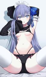 Rule 34 | 1girl, absurdres, alternate costume, arm behind head, armpits, arms up, bare shoulders, bikini, black bikini, black panties, black sleeves, blue eyes, blue hairband, blue ribbon, bow, breasts, commentary request, crotch, detached sleeves, dot nose, enmaided, fate/extra, fate/extra ccc, fate/grand order, fate (series), frilled sleeves, frills, hair between eyes, hair ribbon, hairband, highleg, highleg panties, highres, kake udon, light blush, long hair, long sleeves, looking at viewer, m legs, maid, maid headdress, meltryllis (fate), micro bikini, navel, open mouth, panties, purple hair, ribbon, shadow, simple background, sitting, sleeves past fingers, sleeves past wrists, small breasts, solo, spread legs, stomach, straight-on, swimsuit, thighhighs, thighs, tongue, underwear, very long hair, white background, white thighhighs