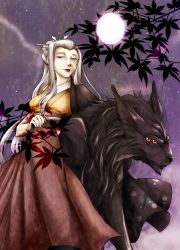 Rule 34 | 1girl, full moon, gradient background, grey hair, highres, japanese clothes, lipstick, long hair, looking at viewer, makeup, monster, moon, old, old woman, pixiv fantasia, pixiv fantasia 5, sanctuary-of-apricot, solo, very long hair