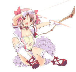 Rule 34 | 10s, 1girl, :o, arms up, arrow (projectile), blush, bobby socks, bow, bow (weapon), breasts, choker, dress, hair bow, jewelry, kaname madoka, kneehighs, magical girl, mahou shoujo madoka magica, mahou shoujo madoka magica (anime), nipple slip, nipples, open mouth, outstretched arms, panties, pantyshot, pendant, petite, pink dress, pink hair, pink skirt, red eyes, red footwear, shoes, sitting, skirt, small breasts, socks, solo, struggling, suzuki24, twintails, underwear, upskirt, weapon, white panties, white socks