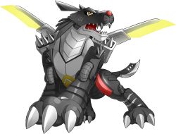 Rule 34 | android, armor, claws, digimon, digimon (creature), digimon new century, full armor, mecha, mechanical wings, metalgarurumon (black), missile, no humans, official art, open mouth, red eyes, robot, sharp teeth, simple background, solo, standing, tail, teeth, weapon, white background, wings