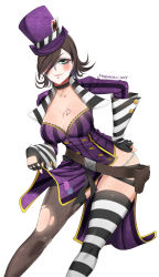 Rule 34 | 1girl, asymmetrical legwear, bad id, bad pixiv id, belt, black gloves, borderlands (series), borderlands 2, breast tattoo, breasts, brown hair, choker, contrapposto, female focus, fingerless gloves, fishnet legwear, fishnets, gloves, hair over one eye, hand on own hip, hat, heart, heart tattoo, holster, large breasts, looking at viewer, mad moxxi, makeup, mole, short hair, simple background, smile, solo, standing, stormcow, striped clothes, striped legwear, striped thighhighs, tattoo, thighhighs, top hat, uneven legwear, white background