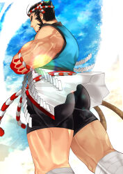 Rule 34 | 1boy, arm hair, ass, bad id, bad twitter id, bandaged leg, bandages, bara, crossed arms, feet out of frame, forked eyebrows, from below, hachimaki, happi, headband, highres, huge ass, itaru (kidomh63), japanese clothes, large pectorals, leg hair, long sideburns, looking at viewer, looking to the side, male focus, mature male, muscular, muscular male, mutton chops, nejiri hachimaki, pectorals, short hair, sideburns, sideways glance, smile, solo, standing, tajikarao (housamo), thick thighs, thighs, tied sleeves, tokyo houkago summoners, tusks, v-shaped eyebrows, veins, veiny arms, veiny thighs, wind