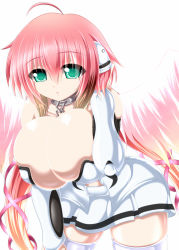 Rule 34 | ahoge, android, angel wings, bad id, bad pixiv id, breasts, bursting breasts, chain, cleavage, green eyes, hair ribbon, highres, huge breasts, ikaros, leaning forward, long hair, low twintails, pink hair, ribbon, robot ears, solo, sora no otoshimono, syroh, thighhighs, twintails, white thighhighs, wings, zettai ryouiki
