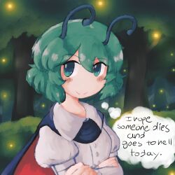 Rule 34 | 1girl, :3, absurdres, ahoge, antennae, blush stickers, buttons, cape, closed mouth, collared shirt, commentary, crossed arms, english commentary, english text, forest, green eyes, green hair, hair between eyes, hat, highres, iesonatana, long sleeves, medium hair, nature, outdoors, shirt, smile, solo, thought bubble, touhou, tree, upper body, white shirt, wriggle nightbug