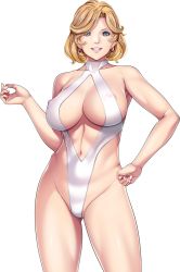 Rule 34 | 1girl, armpits, blonde hair, breasts, clenched teeth, covered erect nipples, game cg, great deceiver, green eyes, groin, itou reia, large breasts, legs, looking at viewer, medium hair, navel, nipples, one-piece swimsuit, original, see-through, sei shoujo, smile, solo, standing, swimsuit, teeth, thighs, transparent background, white one-piece swimsuit
