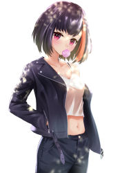 Rule 34 | 1girl, bang dream!, belt, black hair, bra strap, breasts, blowing bubbles, c.u.wa, camisole, chewing gum, cleavage, collarbone, cowboy shot, crop top, denim, hands in pockets, highres, jacket, jeans, leather, leather jacket, looking at viewer, midriff, mitake ran, multicolored hair, navel, open clothes, open jacket, pants, red eyes, red hair, short hair, solo, streaked hair, white background, white camisole