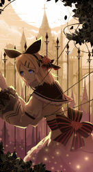 Rule 34 | 1girl, animal, baisi shaonian, bird, black ribbon, black rose, blonde hair, blue eyes, castle, collar, dress, fence, flower, frilled collar, frilled shirt collar, frills, full moon, hair flower, hair ornament, hair ribbon, highres, kagamine rin, kneeling, long sleeves, moon, open mouth, puffy long sleeves, puffy sleeves, red rose, restrained, ribbon, rose, short hair, solo, thorns, vocaloid, white dress