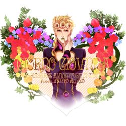 Rule 34 | 1boy, blonde hair, blue eyes, braid, bug, daisy, floral background, flower, giorno giovanna, green lips, hand on own cheek, hand on own face, bug, jojo no kimyou na bouken, konoyasoul, ladybug, lipstick, long sleeves, looking at viewer, makeup, male focus, red flower, red rose, rose, solo, text focus, vento aureo, yellow eyes