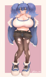 Rule 34 | 1girl, black pantyhose, black shorts, blue hair, borrowed character, breasts, cleavage, embarrassed, full body, fur-trimmed jacket, fur trim, highres, huge breasts, jacket, long hair, looking at viewer, navel, original, pantyhose, sachi (lero ray), shorts, solo, sports bra, standing, torn clothes, torn pantyhose, uni (oni unicorn), white sports bra
