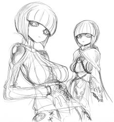 Rule 34 | 1girl, alternate costume, breasts, cape, chain, detached sleeves, fantasy, greyscale, large breasts, monochrome, necro-chan (spacezin), necromancer, original, ribbed sweater, ringed eyes, short hair, skull, solo, spacezin, sweater, turtleneck