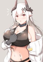 Rule 34 | 1girl, arknights, blush, breasts, cleavage, grey background, hair between eyes, highres, huge breasts, kaosu (silverworld), large breasts, long hair, material growth, mudrock (arknights), open mouth, oripathy lesion (arknights), simple background, solo, white hair