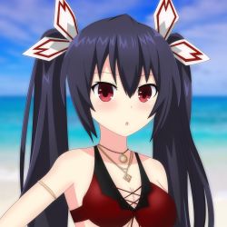 Rule 34 | armpits, bare shoulders, beach, bikini, black hair, breasts, cleavage, highres, jewelry, long hair, medium breasts, midriff, mirroa1015, necklace, neptune (series), noire (neptunia), ocean, open mouth, red eyes, ribbon, surprised, swimsuit, tsundere, twintails, upper body, very long hair, water
