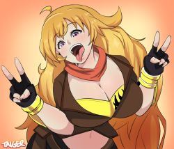 Rule 34 | 1girl, ahoge, artist name, blonde hair, breasts, cleavage, double v, jacket, large breasts, long hair, midriff, navel, open mouth, orange background, purple eyes, rwby, scarf, shirt, solo, taiger, tongue, tongue out, v, yang xiao long, yellow shirt