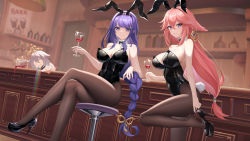 Rule 34 | 3girls, @ @, absurdres, alcohol, alternate costume, animal ears, bar (place), bar stool, bare shoulders, beer, black bow, black bowtie, black leotard, bow, bowtie, braid, breasts, brown pantyhose, closed mouth, crossed legs, cup, detached collar, drinking glass, fake animal ears, foot out of frame, genshin impact, high heels, highres, holding, holding cup, indoors, knee up, large breasts, leotard, liquor, long hair, looking at viewer, low-braided long hair, low-tied long hair, multiple girls, nail polish, paimon (genshin impact), pantyhose, parted lips, pink hair, pink nails, playboy bunny, purple eyes, purple hair, rabbit ears, rabbit tail, raiden shogun, shoe dangle, sitting, spill, stool, tail, vanilla chocolate, very long hair, vomiting rainbows, wine, wine glass, yae miko