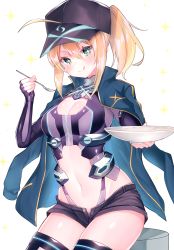Rule 34 | 1girl, absurdres, ahoge, artoria pendragon (fate), baseball cap, black hat, black shorts, blonde hair, blue jacket, breasts, cleavage, fate/grand order, fate (series), green eyes, hair between eyes, hat, highres, jacket, jacket on shoulders, leaning forward, licking lips, looking at viewer, midriff, mysterious heroine x (fate), mysterious heroine x (third ascension) (fate), navel, panties, ponytail, serious, short hair, shorts, sidelocks, solo, suzuho hotaru, thighhighs, third-party source, tongue, tongue out, underwear