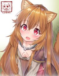 Rule 34 | 1girl, :d, absurdres, animal ears, blush, breast tattoo, breasts, brown hair, chest tattoo, cleavage, collar, downblouse, hair between eyes, highres, leaning forward, long hair, long sleeves, monster girl, neko lu (wofud453), open mouth, raccoon ears, raccoon girl, raccoon tail, raphtalia, red eyes, ribbed sweater, slave tattoo, small breasts, smile, solo, sweater, tail, tate no yuusha no nariagari, tattoo, very long hair